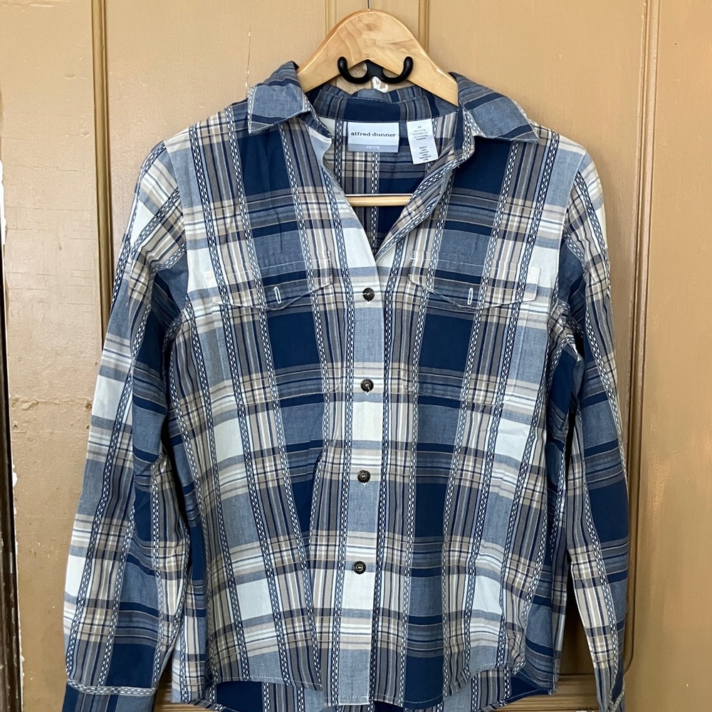 Alfred Dunner Navy and Cream Plaid Shirt